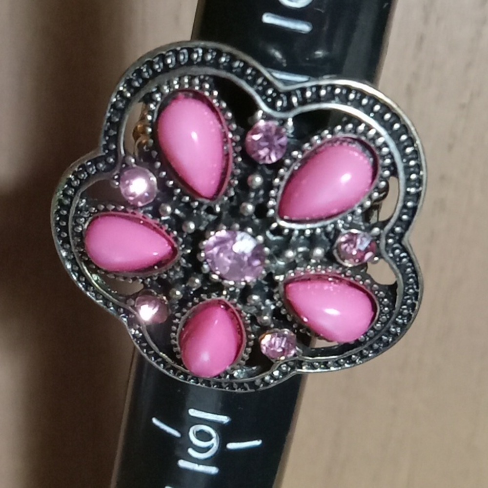 Statement Silver Ring pink beads and rhinestones